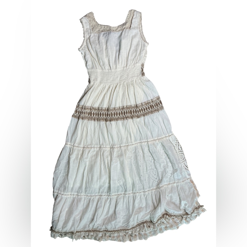 Me 2 Magic Boho Lace Maxi Dress Cream Crochet Tiered Long Dress Small - Picture 2 of 5